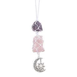 Mixed Stone Nuggets Raw Natural Amethyst & Rose Quartz Pouch Pendant Decorations, Alloy Moon Sun Charms and Braided Nylon Thread Car Hanging Ornaments, 230~235mm