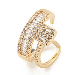 Golden Brass Micro Pave Cubic Zirconia Cuff Rings, Rectangle Open Rings for Women, Long-Lasting Plated, Golden, Adjustable
