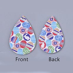 Разноцветный Искусственная кожа большая слезинка с подвесками зайчика, Пасхальная тема, с рисунком кролика и яйца, красочный, 55~56.5x35~37x2 мм, отверстие : 1~2 мм