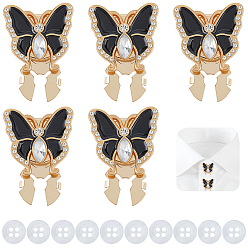 Black Alloy & Enamel & Rhinestone Cufflinks, Butterfly, with 4-Hole Plastic Buttons, Black, 11.5~21.5x11.5~22.5x2~9mm, 15pcs