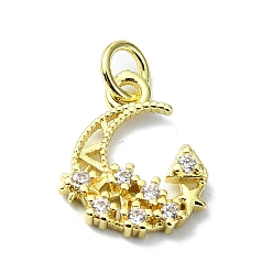 Triangle Moon Theme Brass Micro Pave Clear Cubic Zirconia Charms, with Jump Ring, Real 18K Gold Plated, Triangle, 14.5x11.5x2mm, Hole: 3mm