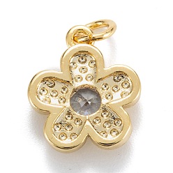 Clear Brass Cubic Zirconia Charms, Real 18K Gold Plated, Long-Lasting Plated, Plum Blossom , Clear, 14x12x3.5mm, Hole: 3mm, Jump Ring: 5x0.8mm