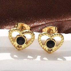 Настоящее золото 18K 304 из нержавеющей стали серьги, со стразами, ионное покрытие (ip), сердце, реальный 18 k позолоченный, 9x10.5 мм