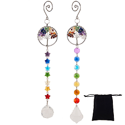Mixed Color Crystals Chandelier Suncatchers Prisms, Octogon Chakra Hanging Pendants, with Gemstone Chips, for Home, Garden Decoration, Flat Round with Tree of Life, Mixed Color, 283~308mm, 2pcs/set