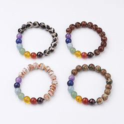 Gemischte Farbe Yoga Chakra Schmuck, Edelstein-Stretch-Armbänder, Runde, Gemischte Farbe, 2 Zoll (53 mm)