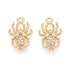 Настоящее золото 18K Латунные микропаве прозрачные подвески с фианитом, паук, без никеля , реальный 18 k позолоченный, 15~15.5x10x2 мм, отверстие : 1.2 мм