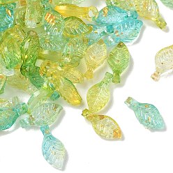 Lime Green Transparent Acrylic and Gold Foil Pendants, Leaf Charms, Lime Green, 10x5x3.5mm, Hole: 1.4mm