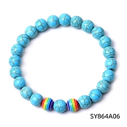 Synthetic Turquoise Synthetic Turquoise & Glass Round Beaded Stretch Bracelet, 7-1/4~7-1/2 inch(18.5~19cm)
