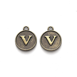 Letter V Alloy Pendant Cabochon Settings, For Enamel, Cadmium Free & Lead Free, Flat Round with Letter, Antique Bronze, Letter.V, 14x12x2mm, Hole: 1.5mm