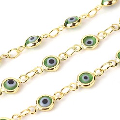 Light Green Handmade Evil Eye Lampwork Link Chains, Soldered, with Brass Findings, with Spool, Long-Lasting Plated, Flat Round, Golden, Light Green, 10x4.5x2mm, Hole: 1.5mm, about 32.8 Feet(10m)/roll