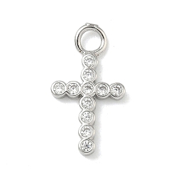 Платина Латунные микропаве прозрачные подвески с фианитом, крест очарование, платина, 15.5x8.5x1.5 мм, отверстие : 2 мм