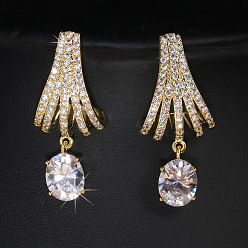 Прозрачный Латунь микро проложить кубический цирконий болтаться серьги стержня, веер с овалом, золотые, прозрачные, 27x13 мм