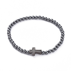 Non-magnetic Hematite Stretch Bracelets, with Non-magnetic Synthetic Hematite Round Beads and Brass Micro Pave Cubic Zirconia Beads, Elastic Crystal Thread, Cross, 2-3/8 inch(6.14cm)