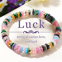 Mixed Stone Natural Mixed Gemstone & Brass Beads Stretch Bracelets for Women, Flat Round, 6.89 inch(17.5cm)