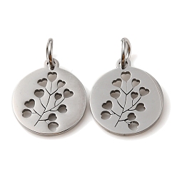 Branch Не тускнеющие 304 подвески из нержавеющей стали, лазерная резка, с целью перехода в кольце, цвет нержавеющей стали, полый, плоский круглый шарм, филиал, 13.5x12x1 мм, отверстие : 3.6 мм