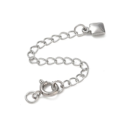 Stainless Steel Color 304 Stainless Steel Curb Chain Extender, End Chains with Spring Ring Clasps & Square Charms, Stainless Steel Color, 65mm