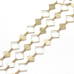 Golden Handmade Brass Rhombus Link Chains, with Spool, Long-lasting Plated, Unwelded, Golden, Rhombus: 8x8x0.2mm and 11x11x1mm, Link: 5.5x2x1mm, about 32.8 Feet(10m)/roll