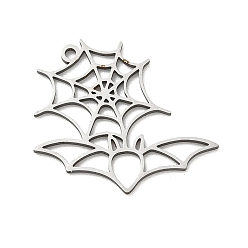 Color de Acero Inoxidable Colgantes de acero inoxidable Halloween 201, Telaraña con amuletos de murciélago, color acero inoxidable, 21.5x25x1 mm, agujero: 1.4 mm