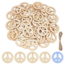 Creamy White 120Pcs Wood Big Pendants, with Jute Cord, Peace Sign, Creamy White, 50x2~2.5mm, Hole: 2mm