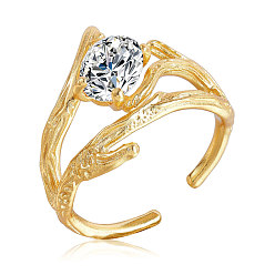 Golden 925 Sterling Silver Branch Open Cuff Ring, Clear Cubic Zirconia Hollow Ring for Women, Golden, US Size 5 1/4(15.9mm)