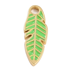 Spring Green Golden Plated Brass Enamel Pendants, Long-Lasting Plated, Feather, Spring Green, 23.5x8.8x1.8mm, Hole: 2.7mm