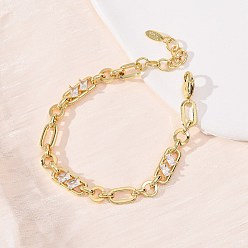 Белый Браслет-цепочка из латуни в виде кольца и скрепки с микропаве из кубического циркония для женщин., реальный 18 k позолоченный, без кадмия и без свинца, стойки покрытие, долговечный, белые, 6.89 дюйм (17.5 см)