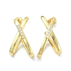 Golden Letter X Clear Cubic Zirconia Stud Earrings, Brass Jewelry for Women, Golden, 25x14.5mm, Pin: 0.7mm