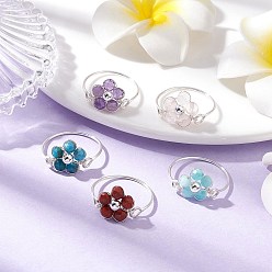 Серебро Кольца из натурального радужного лунного камня/аметиста/розового кварца/красной яшмы/апатита/амазонита, цветок, женское кольцо из медной проволоки, серебряные, 1~12 мм, внутренний диаметр: американский размер 9(18.9~20мм), 5 шт / комплект