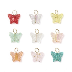 Золотой Подвески-бабочки из стекла, окрашенные распылением, с 304 петлей из нержавеющей стали, золотые, 17x15.5x5.5 мм, отверстие : 3.8 мм