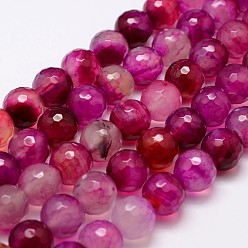 Camellia Natural Striped Agate/Banded Agate Bead Strands, Dyed, Faceted, Round, Camellia, 12mm, Hole: 1.5mm, about 30~32pcs/strand, 14 inch