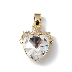 Прозрачный Настоящие позолоченные подвески из латуни с микропаве из прозрачного кубического циркония, со стеклом, долговечный, без кадмия и без свинца, сердце со звездным шармом, прозрачные, 18 мм, отверстие : 19.5x15.5x8 мм