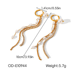 Golden 304 Ohrringe aus Edelstahl mit klaren Zirkonia-Pavé, natürliche Süßwasserperle Quaste Ohrringe, golden, 100x14.1 mm