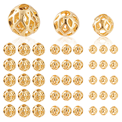 Настоящее золото 18K 90 шт 3 стили латунные бусины, полый круглый, реальный 18 k позолоченный, 4~6 мм, отверстие : 1~1.6 мм, 30 шт / стиль