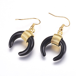 (946F)Морозный цвет внутри  Жонкиль / Непрозрачная зеленая подкладка Натуральный черный агат болтаться серьги, с латунной фурнитурой , двойной рог / полумесяц, золотые, окрашенная и подогревом, 41 мм, контактный: 0.5 мм, кулон: 23x20x9 мм