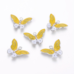 Желтый Подвески из эмали и сплава, со стразами, бабочка, платина, желтые, 17x24x3.5 мм, отверстие : 1.5 мм