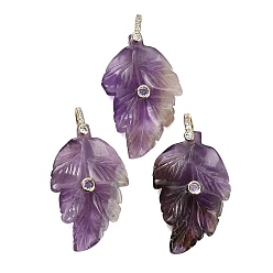 Amethyst Natural Amethyst Pendants, Leaf Charms, with Brass Pave Cubic Zirconia Findings, Golden, 39~40x24.5~26x5.5~7mm, Hole: 5.5x7mm