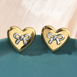 Настоящее золото 18K Двухцветные 304 серьги-гвоздики из нержавеющей стали, сердце и лук, ионное покрытие (ip), долговечный, реальный 18 k позолоченный, 17.5x20 мм