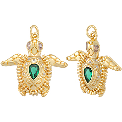 Зеленый 8 кулоны из латуни с микрочастицами и кубическим цирконием., прелести морской черепахи, со стеклом и прыжковым кольцом, реальный 18 k позолоченный, зелёные, 24x24.5x4 мм, отверстие : 3 мм, 8 шт / комплект