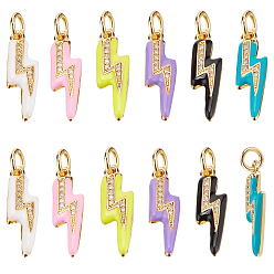 Mixed Color 12Pcs 6 Style Brass Micro Pave Clear Cubic Zirconia Pendants, with Enamel , Lightning Bolt, Golden, Mixed Color, 19x5.5x2mm, Hole: 3.6mm, 2pcs/style