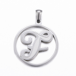 Edelstahl Farbe Anlaufgeschützt 304 Anhänger aus Edelstahl, flach rund mit letter.f, Edelstahl Farbe, 28x25x1.2 mm, Bohrung: 6x3 mm