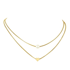 Golden Brass Double Layer Necklace, Acrylic Beads & Heart Charm for Women, Golden, 15.83 inch(40.2cm)