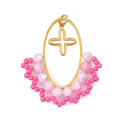 Pink Oval Brass Pendants, with Glass Beads and 304 Stainless Steel Tiny Cross Charms, Golden, Pink, 36x30.5x4.5mm, Hole: 3.5mm