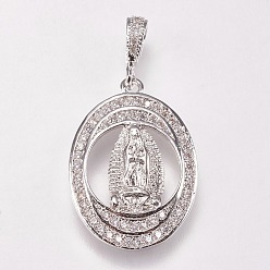 Platinum Brass Micro Pave Cubic Zirconia Pendants, Oval with Virgin Mary, Clear, Platinum, 22.5x16.5x3mm, Hole: 2x4mm
