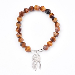 Tiger Eye Natural Tiger Eye Beads Charm Bracelets, with Brass Findings, Woven Net/Web with Feather, 2 inch(5.2cm), Pendant: 24x10.5x2mm