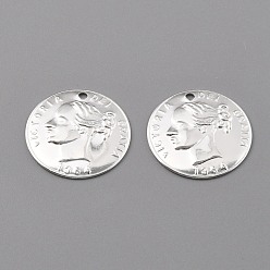 Посеребрённый Латунь прелести, долговечный, подвески для монет, плоский раунд с королевой викторией, 925 серебро покрытием, 14x1 мм, отверстие : 1 мм