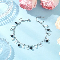 Нержавеющая Сталь Цвет Натуральный черный агат (окрашенный и нагретый) и натуральный жемчуг и 304 браслеты на ногу с цепочкой-кисточкой из нержавеющей стали, цвет нержавеющей стали, 9-1/2 дюйм (242 мм)