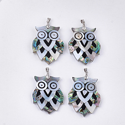 Colorful Mixed Shell Big Pendants, with Brass Findings, Owl, Platinum, 50~53x37.5~40x4~5mm, Hole: 6x4mm