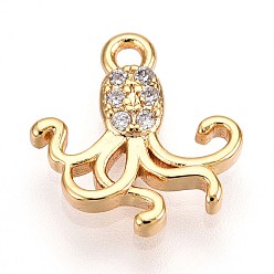 Настоящее золото 18K Латунные микропаве прозрачные подвески с фианитом, чары кальмара, без кадмия, без никеля и без свинца, реальный 18 k позолоченный, 11x10.3x2 мм, отверстие : 1.2 мм