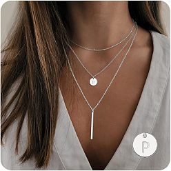 Letter P 3 шт. простой стиль латунная монета буква прямоугольник кулон 3 многослойные ожерелья, серебряные, Письмо P, 17.72 дюйм (45 см)