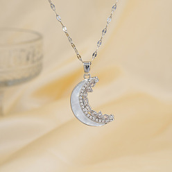 Платина Минималистичные латунные сверкающие прозрачные кубические циркониевые подвески в форме луны, белой эмалью, платина, 15.75 дюйм (40 см)